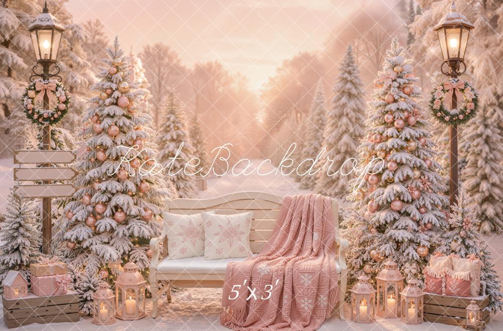 Kate Christmas Snowy Trees Bench Pink Gifts Outdoor Printed Backdrop Designed by Emetselch