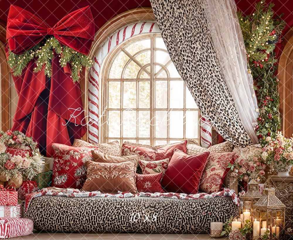 Kate Valentines Red Bow Leopard Curtain Window Floral Backdrop Designed by Emetselch