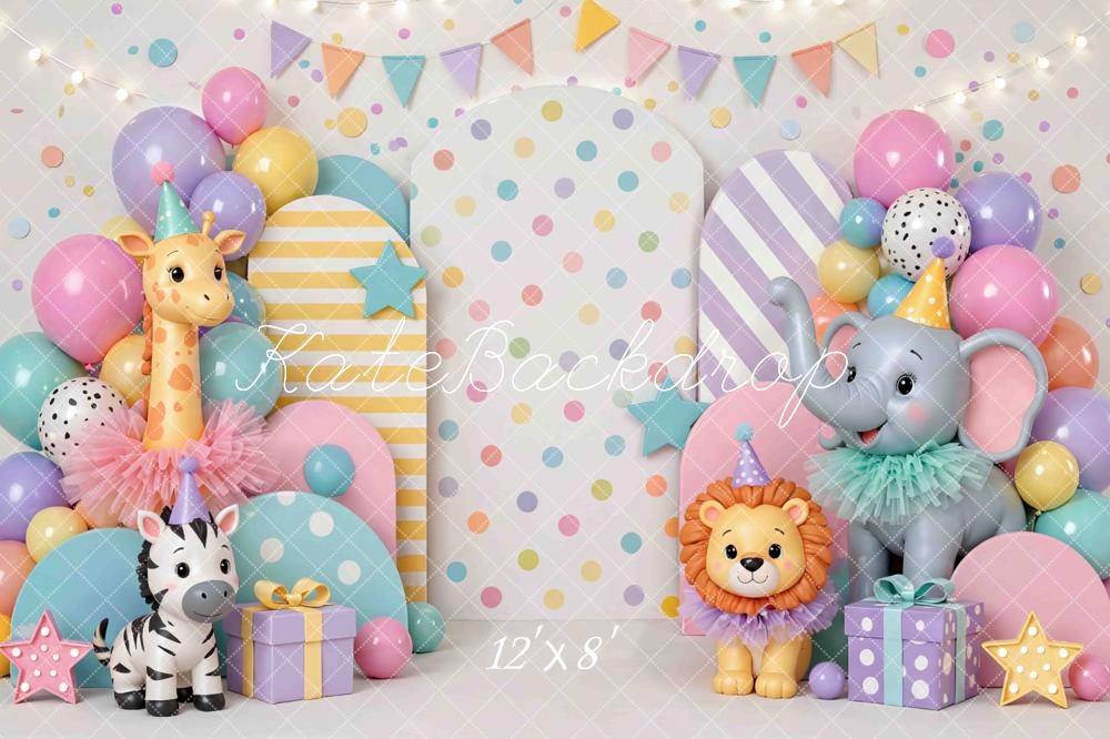 Kate Cake Smash Circus Animal Balloons Stars Pastel Printed Backdrop Designed by Mini MakeBelieve