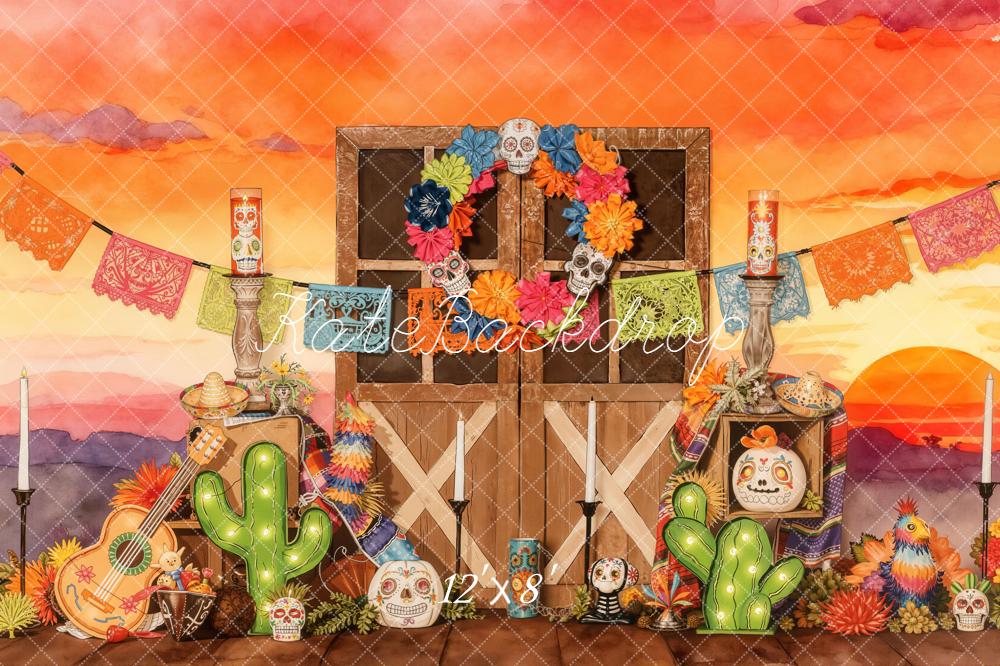 Kate Day Of The Dead Barn Door Papel Picado Cactus Sunset Backdrop Designed by Emetselch