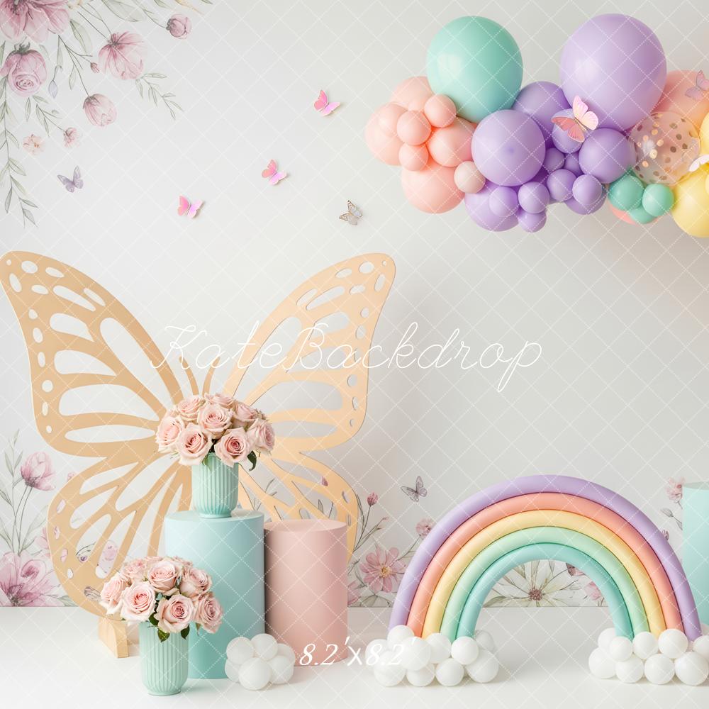 Kate Cake Smash Pastel Balloon Arch Butterfly Rainbow Flowers Printed Backdrop Designed by Patty Roberts