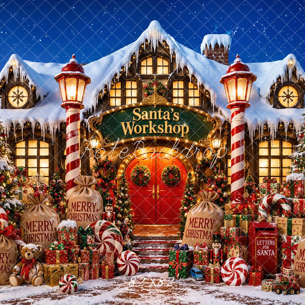 Kate Christmas Night Santa's Workshop Snowy House Presents Candy Canes Printed Backdrop Designed by Emetselch