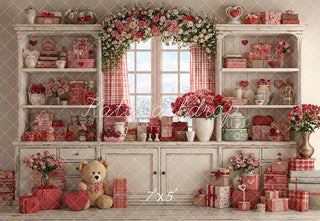 Kate Valentine's Day White Shelf Red Gift Flowers Window Printed Backdrop Designed by Emetselch