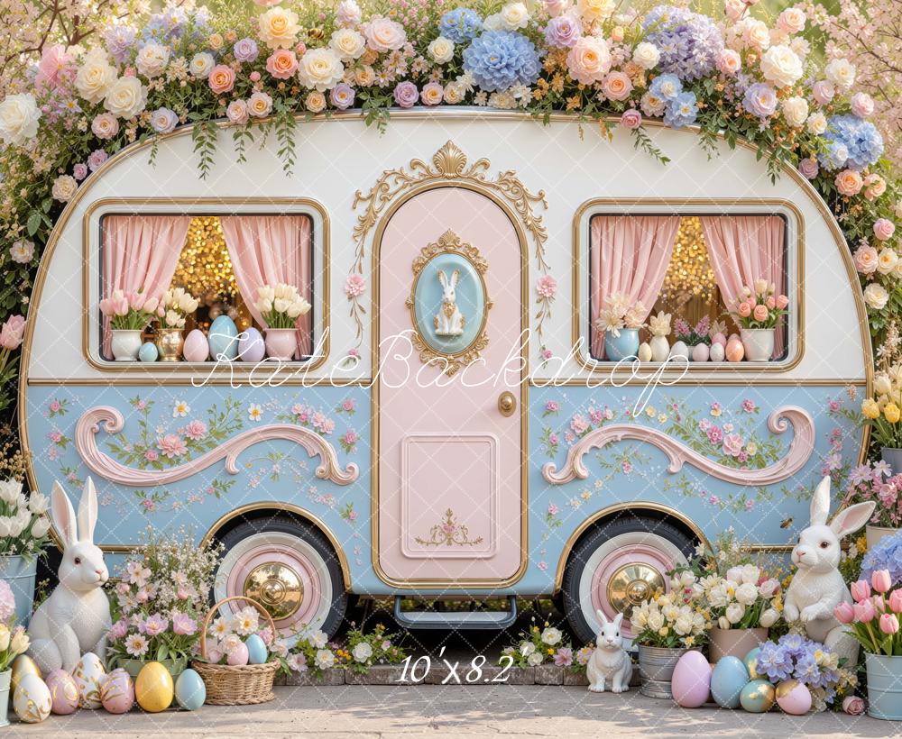 Kate Easter Camper Bunny Flower Arch Printed Backdrop Designed by Mini MakeBelieve