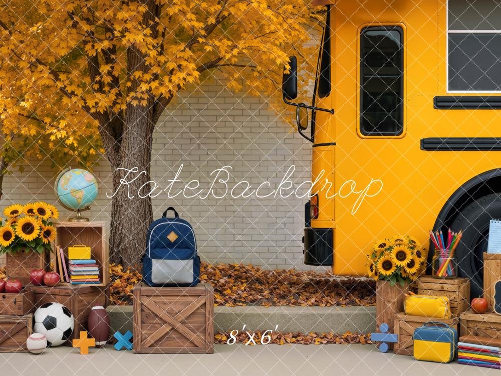 Kate Back To School Bus Maple Tree Backpack Soccer Ball Printed Backdrop Designed by Mini MakeBelieve