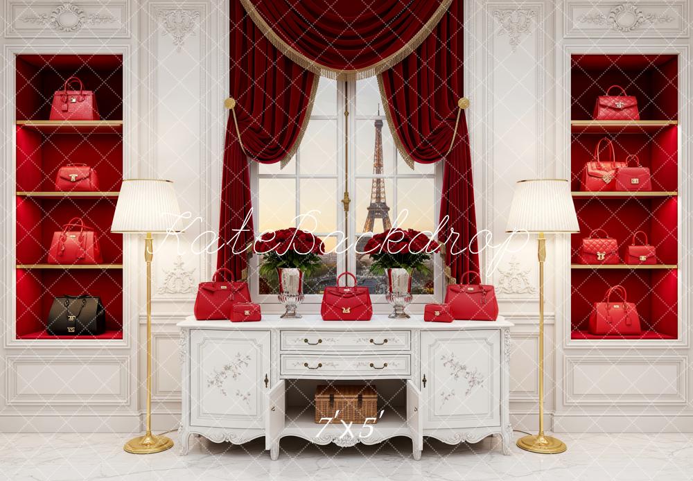 Kate Red Handbag Display Paris Window Scene Backdrop Designed by Patty