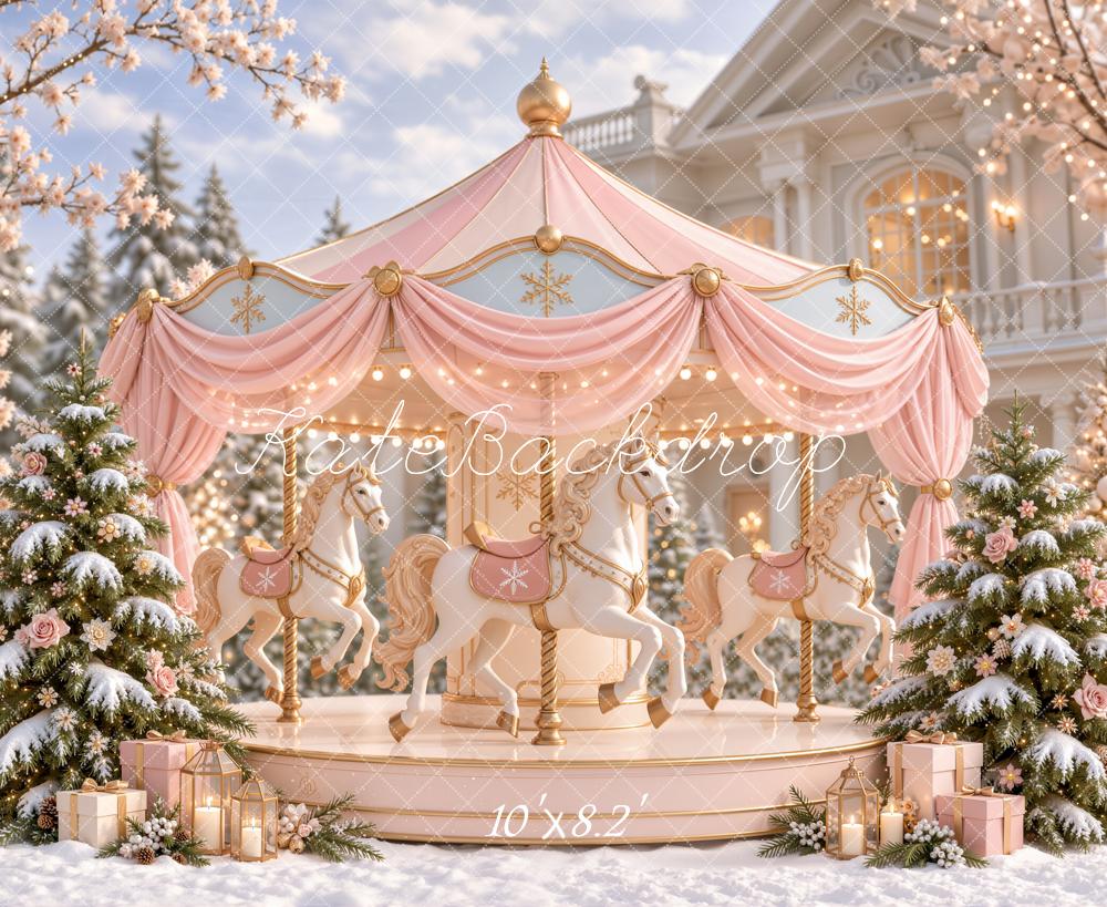 Kate Christmas Pink Carousel Snowy Trees Printed Backdrop Designed by Emetselch