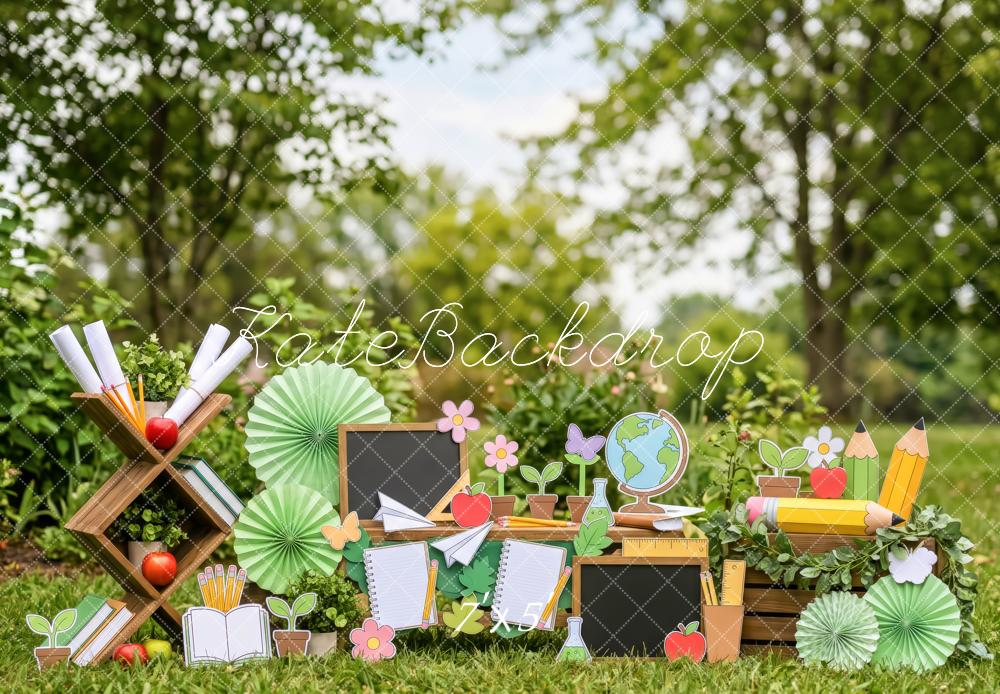 Kate Back to School Garden Chalkboard Books Pencils Globe Printed Backdrop Designed by Patty Roberts