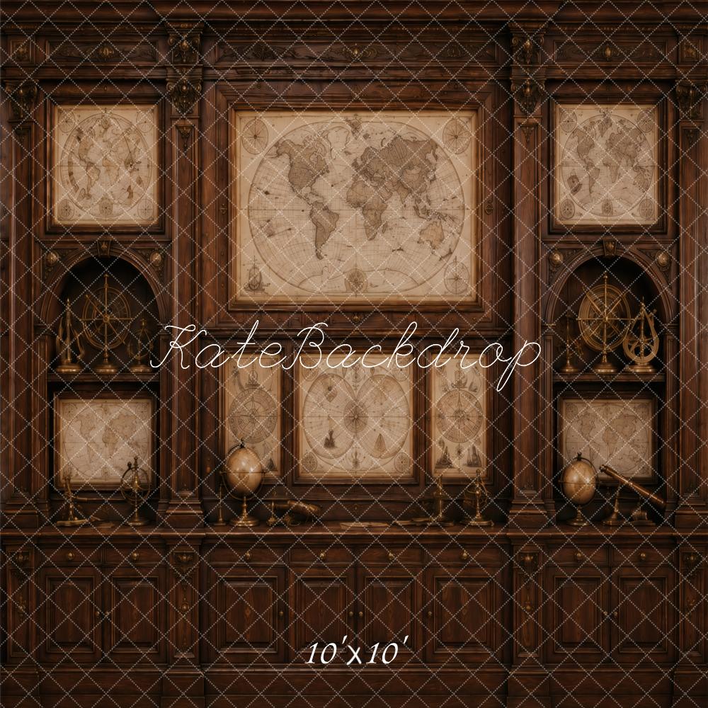 Kate Vintage World Map Brown Cabinet Study Printed Backdrop Designed by Vertigo Productions
