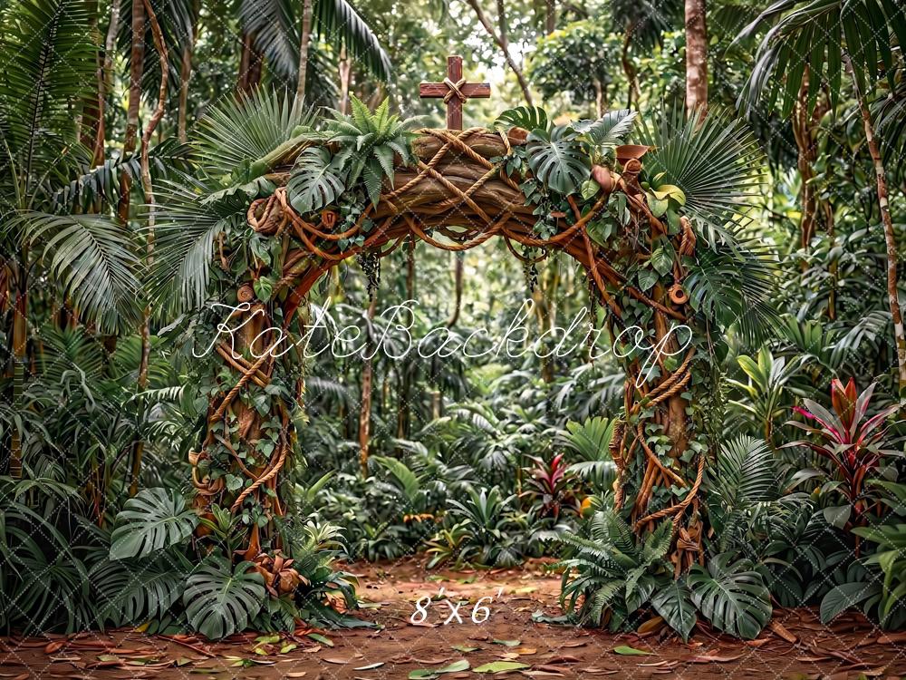 Kate VBS Jungle Arch Cross Green Tropical Printed Backdrop Designed by Angela Miller