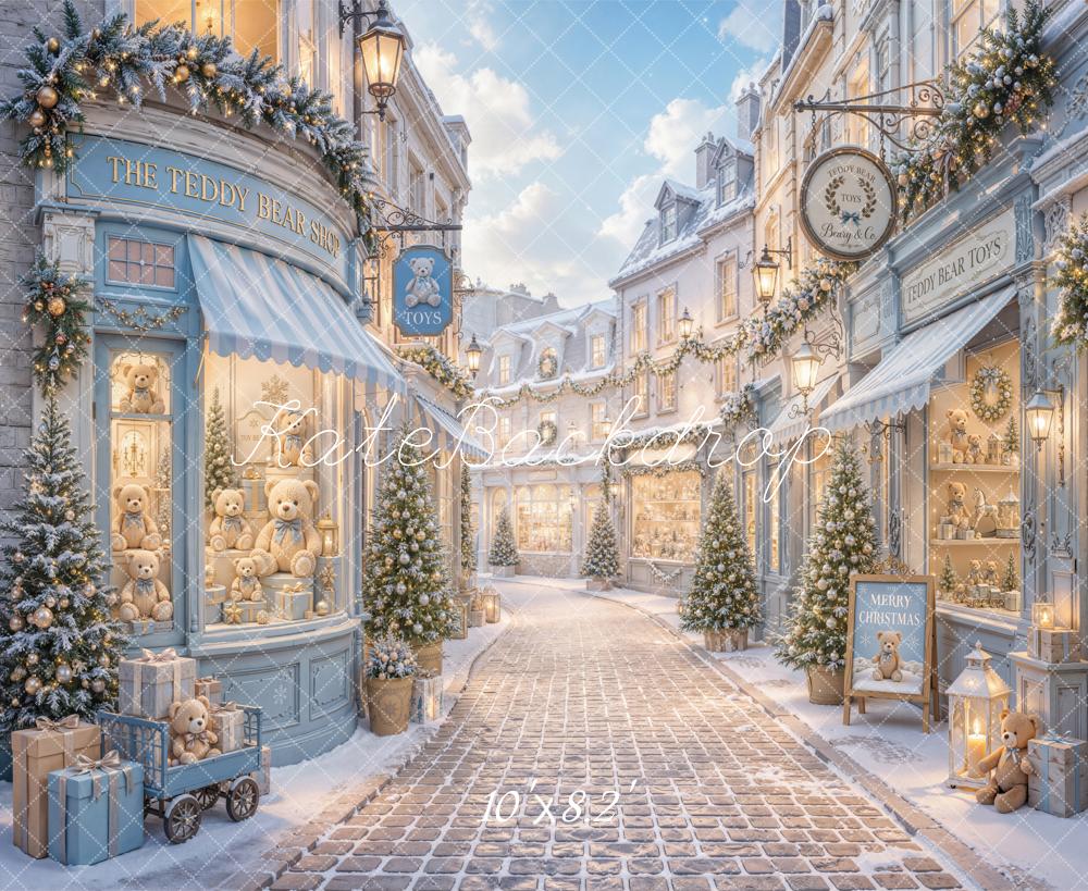 Kate Christmas Blue Teddy Bear Shop Snowy Village Street Printed Backdrop Designed by Emetselch