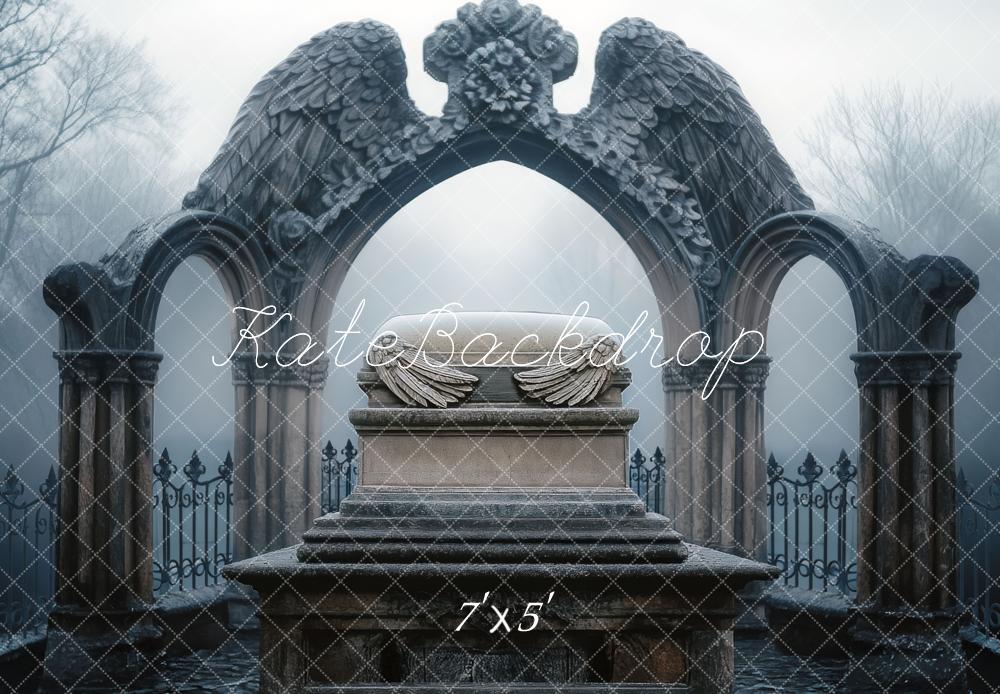 Kate Halloween Gothic Stone Arches Angel Wings Pedestal Backdrop Designed by Mini MakeBelieve