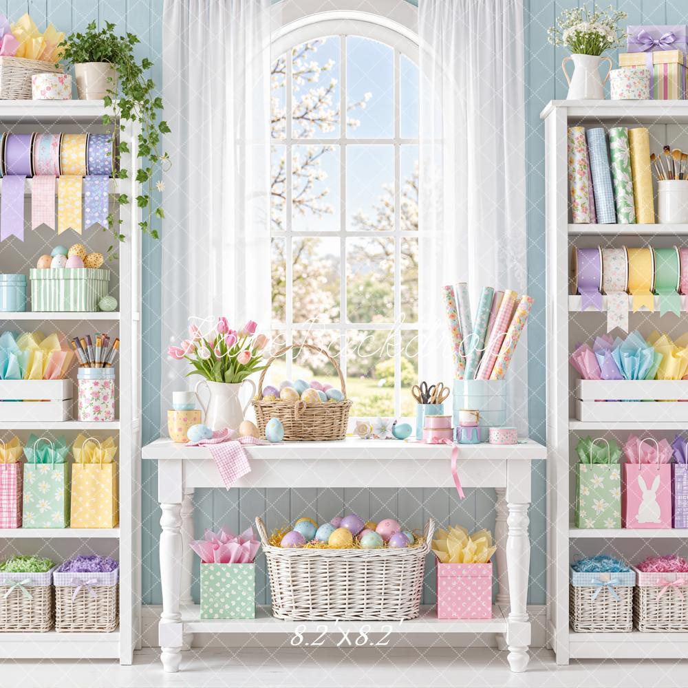 Kate Easter Bunny Pastel Craft Room Shelves Window Printed Backdrop Designed by Emetselch