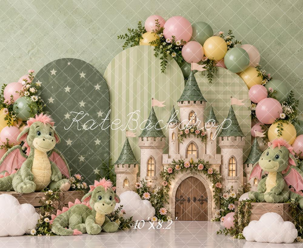Kate Cake Smash Fantasy Green Arch Castle Dragons Flower Printed Backdrop Designed by Laura Bybee