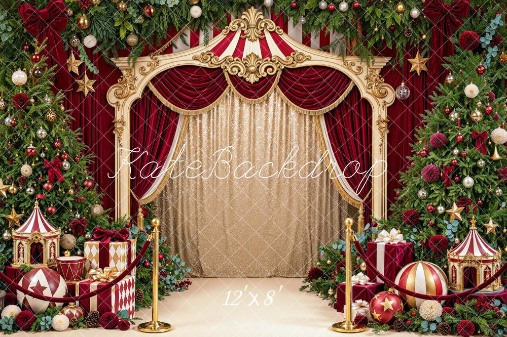 Kate Christmas Trees Carousel Circus Red Curtains Ball Printed Backdrop Designed by Mini MakeBelieve