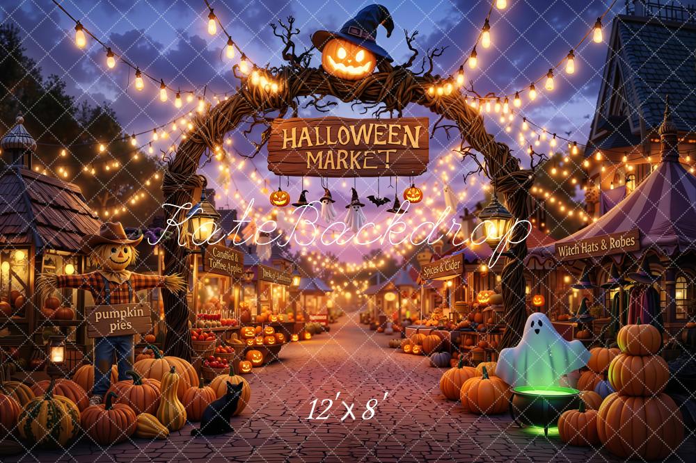 Kate Halloween Market Arch Pumpkins Ghost String Lights Printed Backdrop Designed by Chain Photography