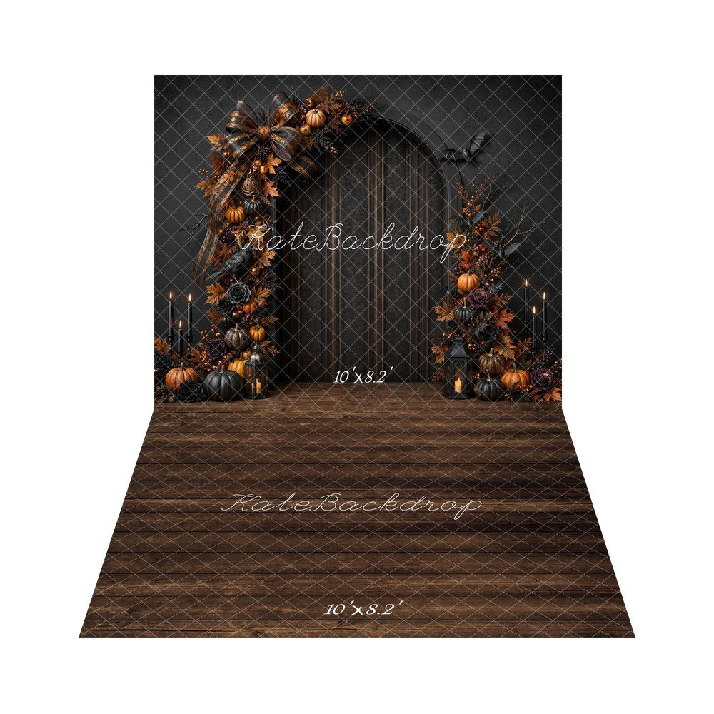 Kate Halloween Gothic Bow Pumpkins Arch Door Printed Backdrop+Chocolate Wood Floor Printed Backdrop for Photography