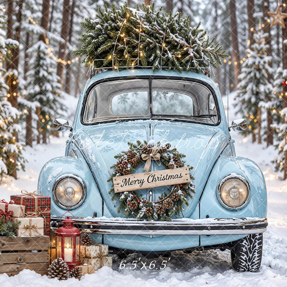 Kate Christmas Blue Vintage Truck Snowy Forest Wreath Printed Backdrop Designed by Emetselch
