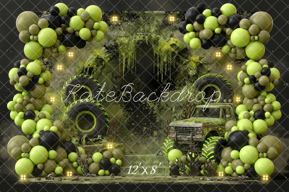 Kate Birthday Monster Truck Balloon Arch Green Black Printed Backdrop Designed by Angela Miller