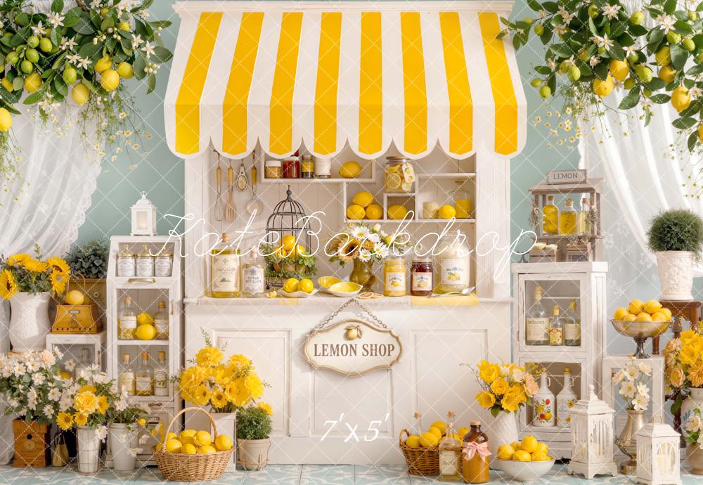 Kate Summer Lemon Shop Yellow Striped Awning Flowers Shelves Printed Backdrop Designed by Emetselch
