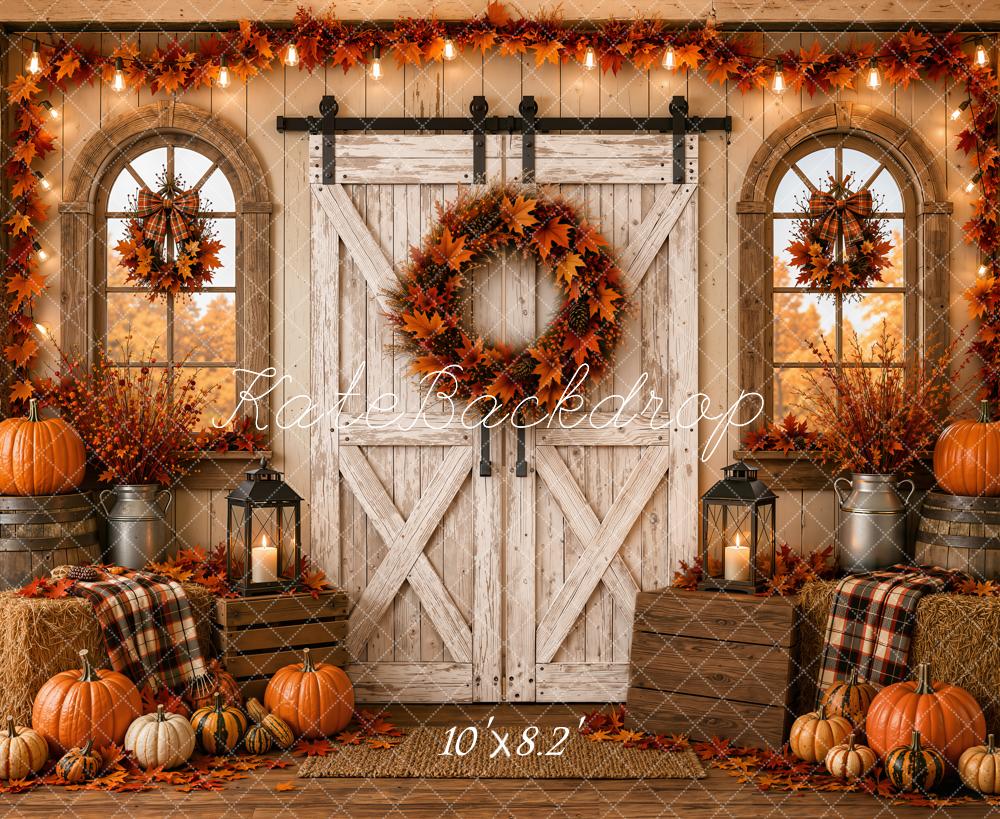 Kate Fall Vintage White Barn Door Pumpkins Wreath Plaid Hay Bales Printed Backdrop Designed by Emetselch