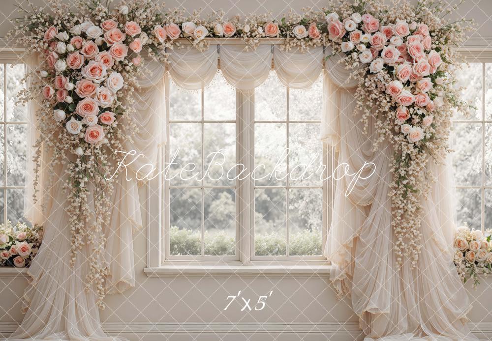 Kate Summer Flower Arch Window Drapes Pink Roses Printed Backdrop Designed by Mini MakeBelieve