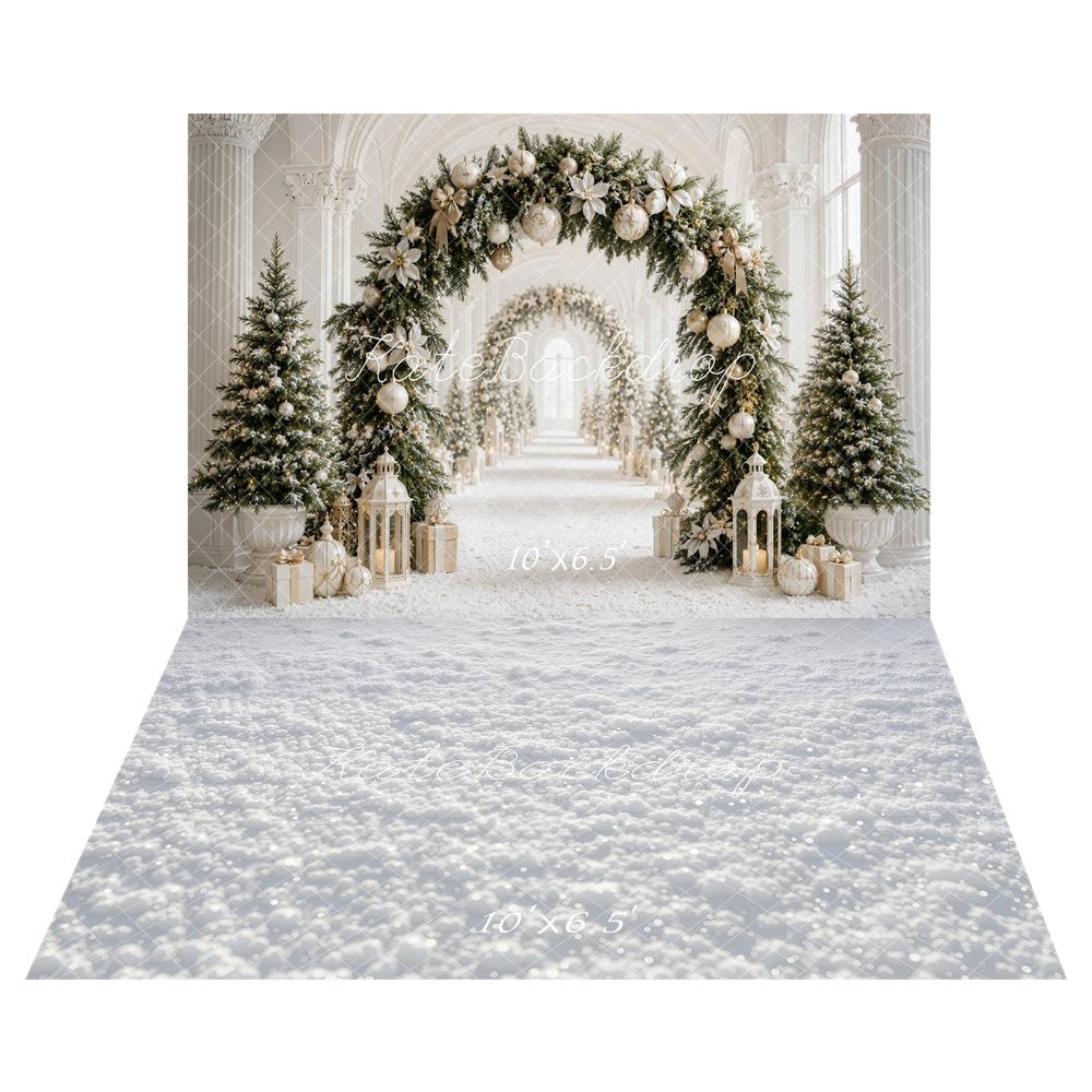Kate Christmas Flower Archway White Gold Trees Lanterns Gifts Columns Printed Backdrop+Snow White Texture Floor Printed Backdrop