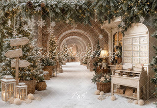 Kate Christmas Snowy Archway Pine Trees Snowflake Lanterns Printed Backdrop Designed by Emetselch