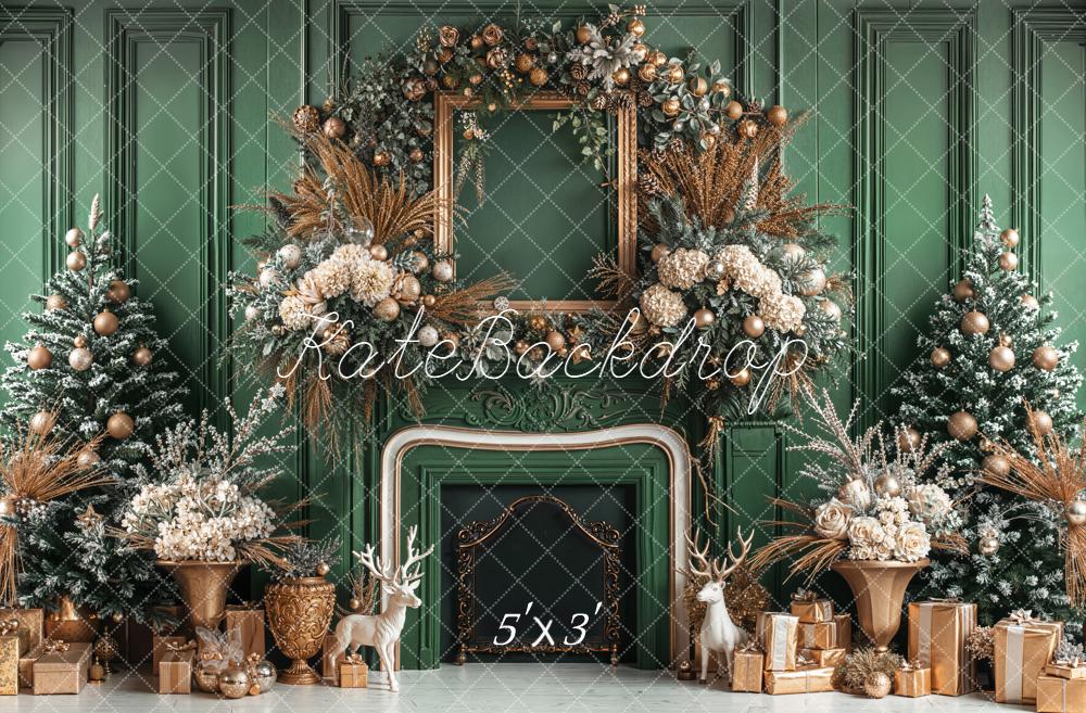 Kate Christmas Fireplace Trees Frame Vintage Green Backdrop Designed by Emetselch