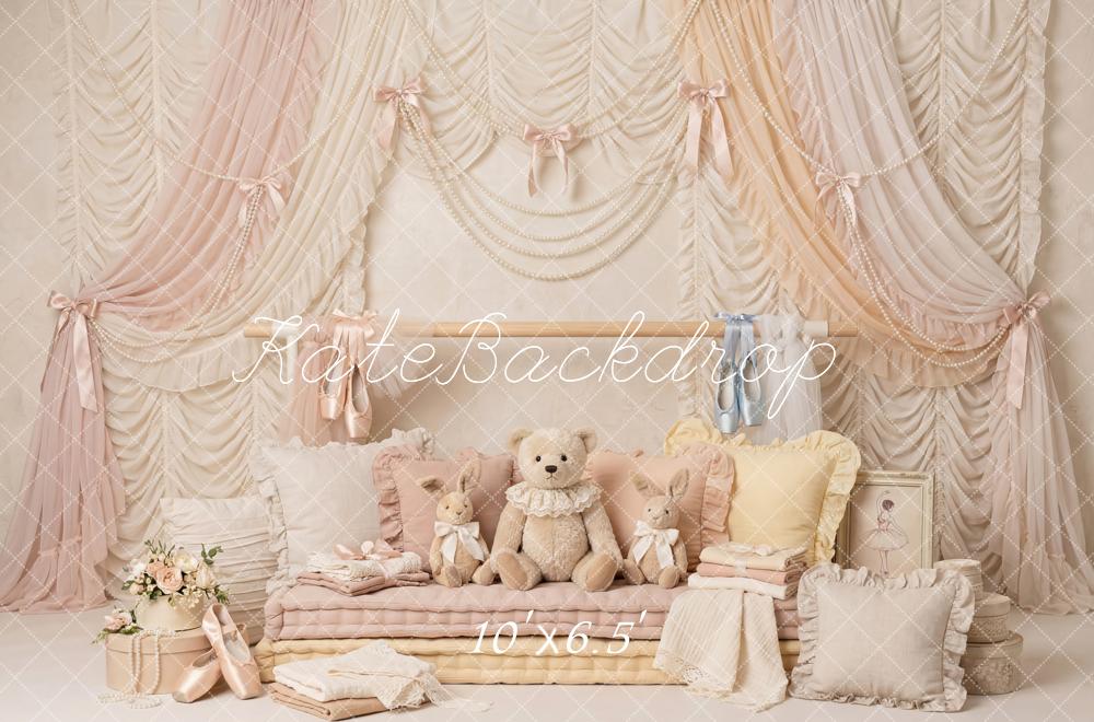 Kate Dreamy Ballet Pastel Drapes Teddy Bear Plush Pillows Printed Backdrop Designed by Patty Roberts