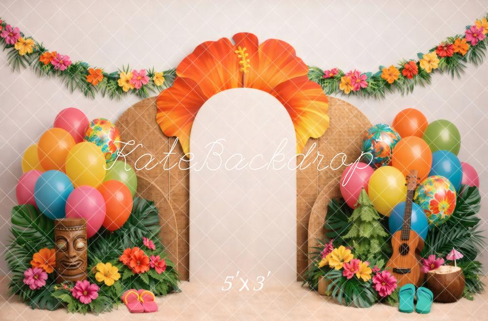 Kate Summer Party Tropical Flower Arch Balloons Tiki Hibiscus Printed Backdrop Designed by Vertigo Productions