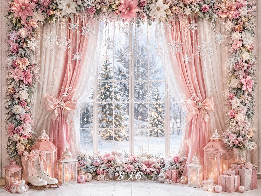 Kate Christmas Pink Curtains Flower Arch Window Snowy Printed Backdrop Designed by Ashley Paul