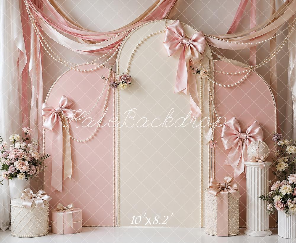 Kate Cake Smash Pink Ribbon Pearl Bow Printed Backdrop Designed by Shutter Swan Studios
