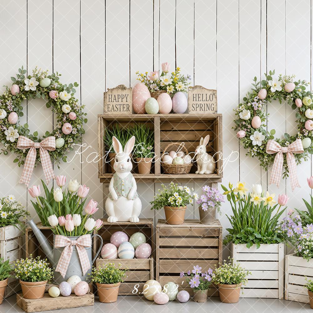 Kate Easter Eggs Bunny Wreath Flowers White Wood Plank Printed Backdrop Designed by Emetselch