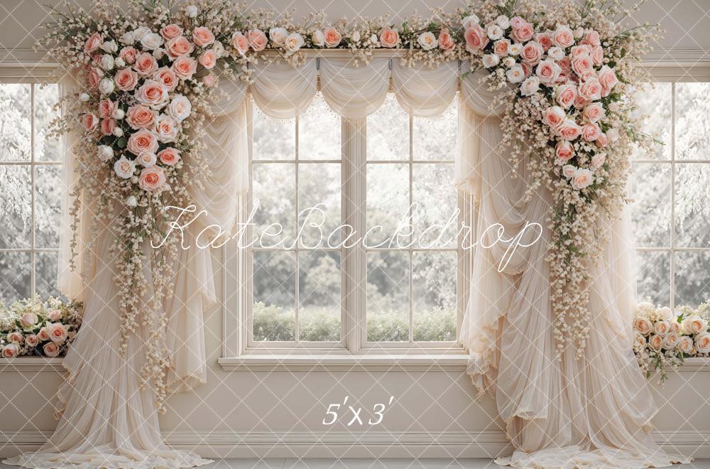 Kate Summer Flower Arch Window Drapes Pink Roses Printed Backdrop Designed by Mini MakeBelieve