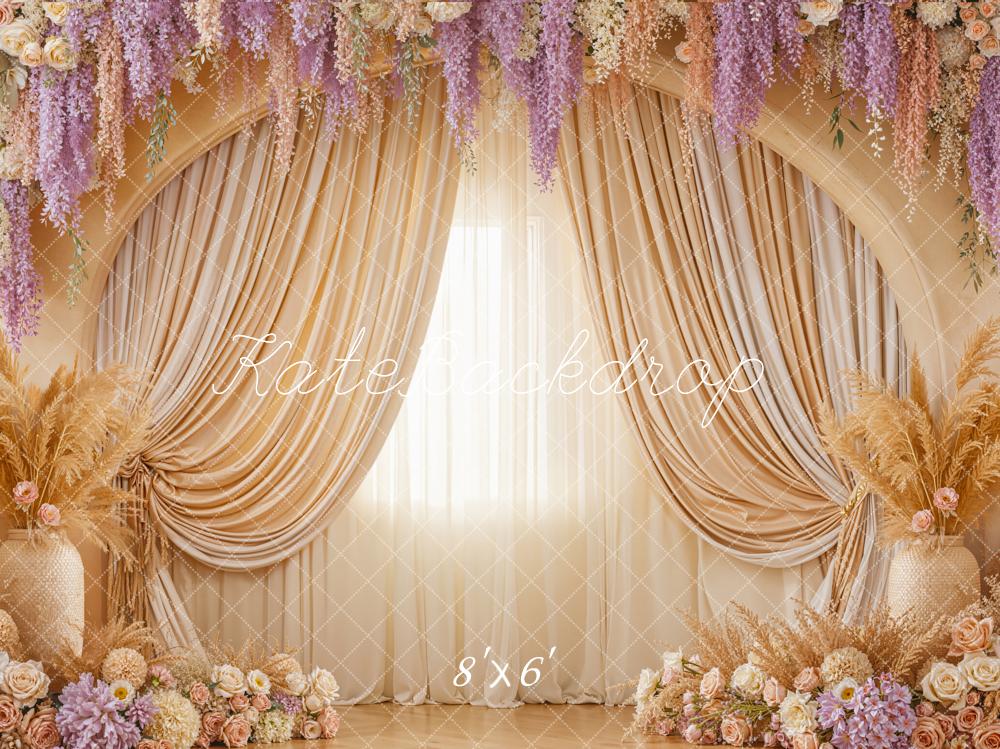 Kate Boho Flower Arch Cream Curtains Pampas Grass Floral Arrangement Backdrop Designed by Emetselch
