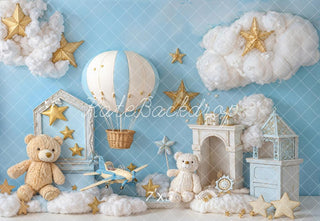 Kate Cake Smash Blue Hot Air Balloon Airplane Teddy Bear Cloud Printed Backdrop Designed by Emetselch