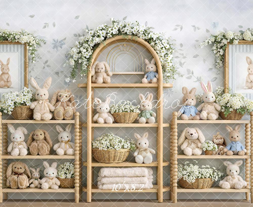 Kate Easter Bunny Flower Arch Plush Shelves Printed Backdrop Designed by Mini MakeBelieve