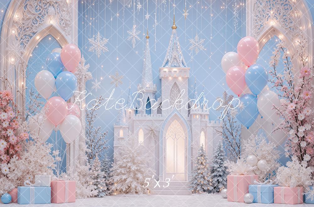 Kate Christmas Wonderland Blue Castle Snowflakes Balloons Printed Backdrop Designed by Shutter Swan Studios