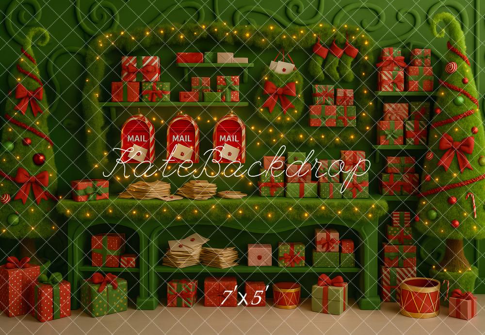Kate Christmas Green Elf Workshop Presents Trees Mailboxes Backdrop Designed by Ashley Paul