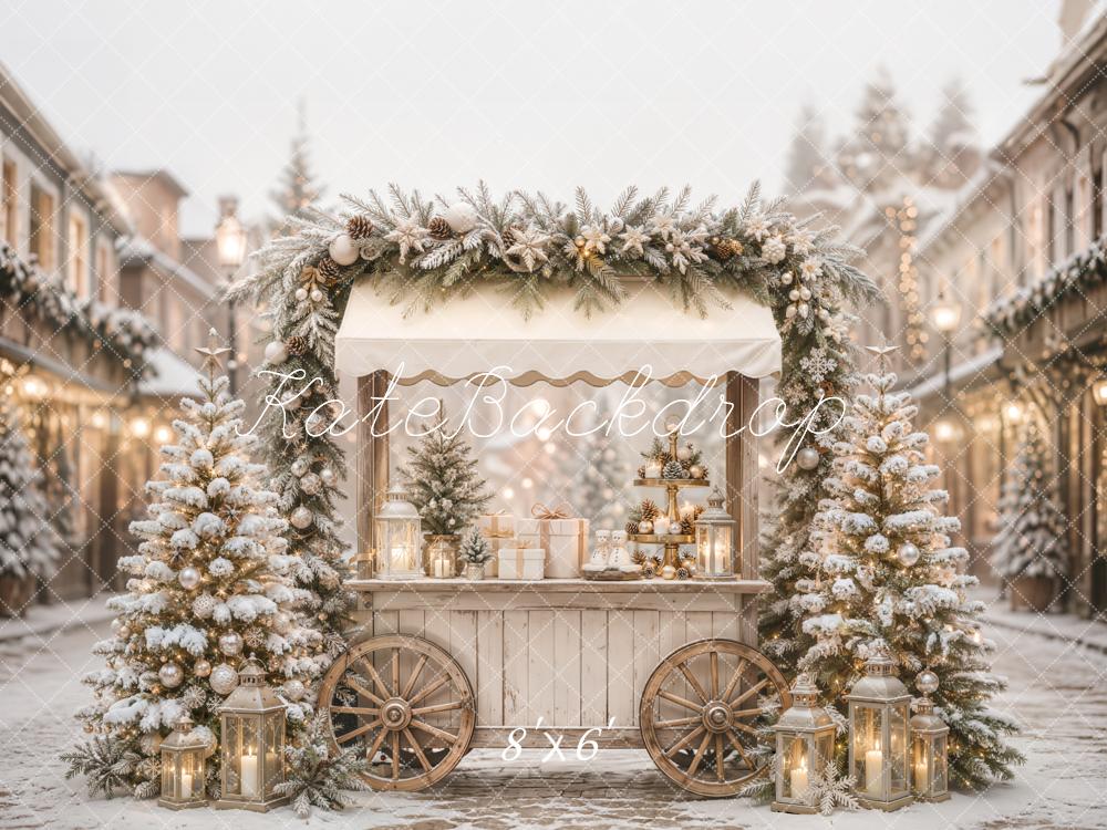 Kate Christmas Snowy Street Market Cart Trees Lanterns Printed Backdrop Designed by Emetselch