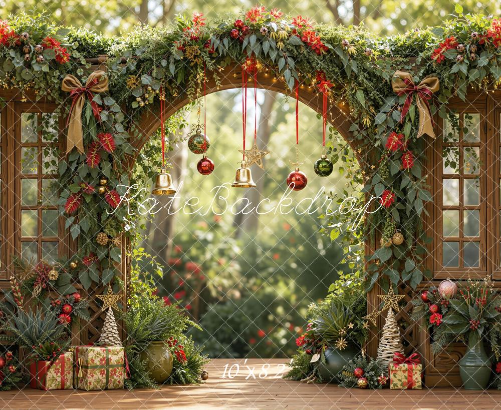 Kate Christmas Circular Arch Garland Garden Windows Presents Printed Backdrop Designed by Emetselch