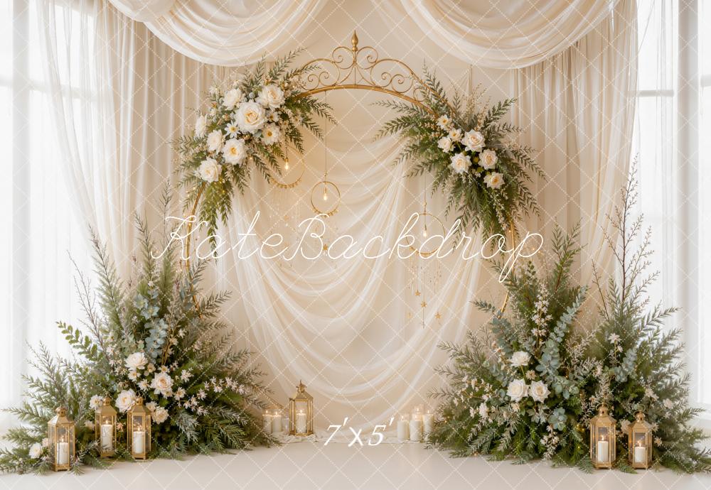 Kate Romantic White Floral Arch Gold Sheer Drapes Printed Backdrop Designed by Emetselch