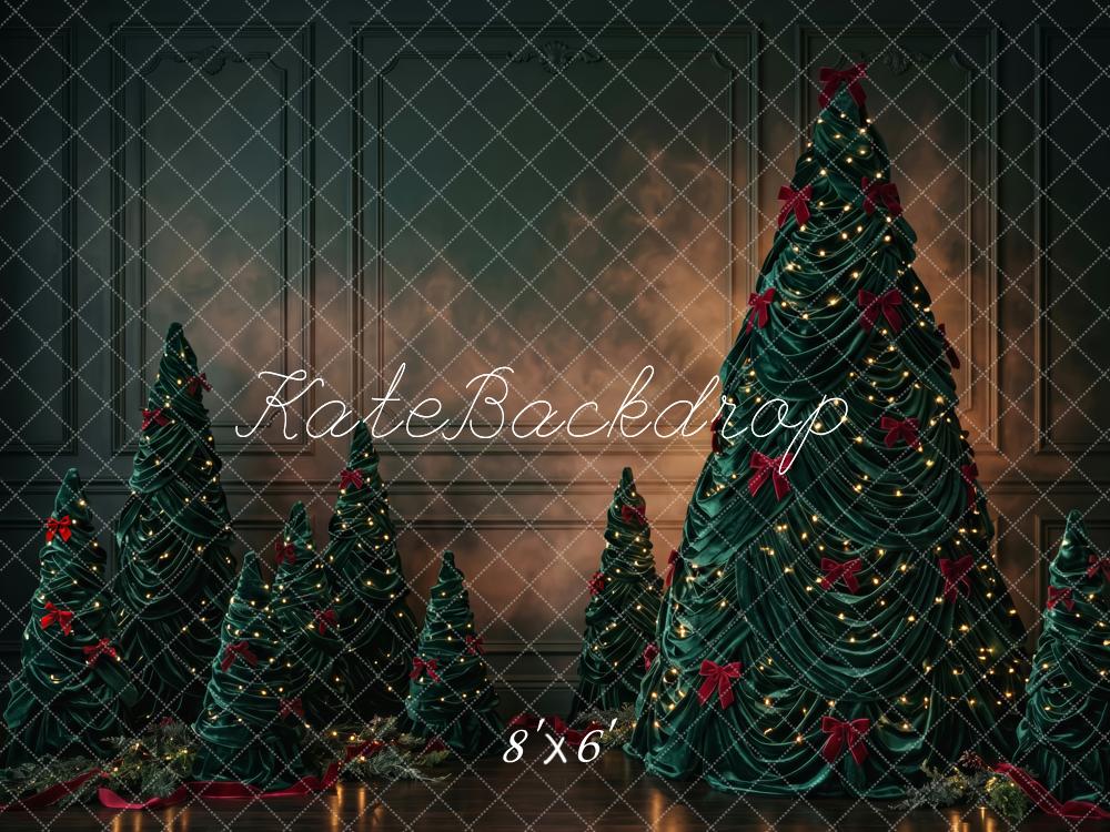 Kate Christmas Trees Dark Moody Red Bows Lights Printed Backdrop Designed by Patty Roberts