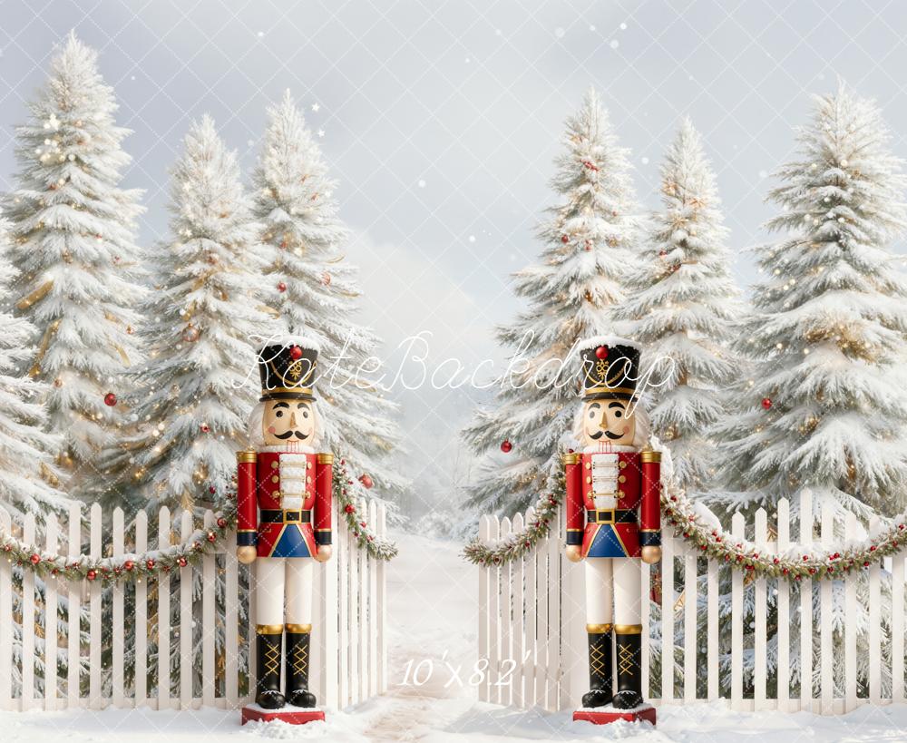 Kate Christmas Nutcracker Snowy Pine Trees White Fence Backdrop Designed by Emetselch