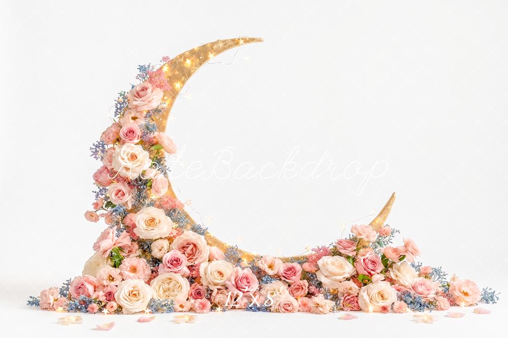 Kate Birthday Floral Crescent Moon Lights Printed Backdrop Designed by Angela Miller