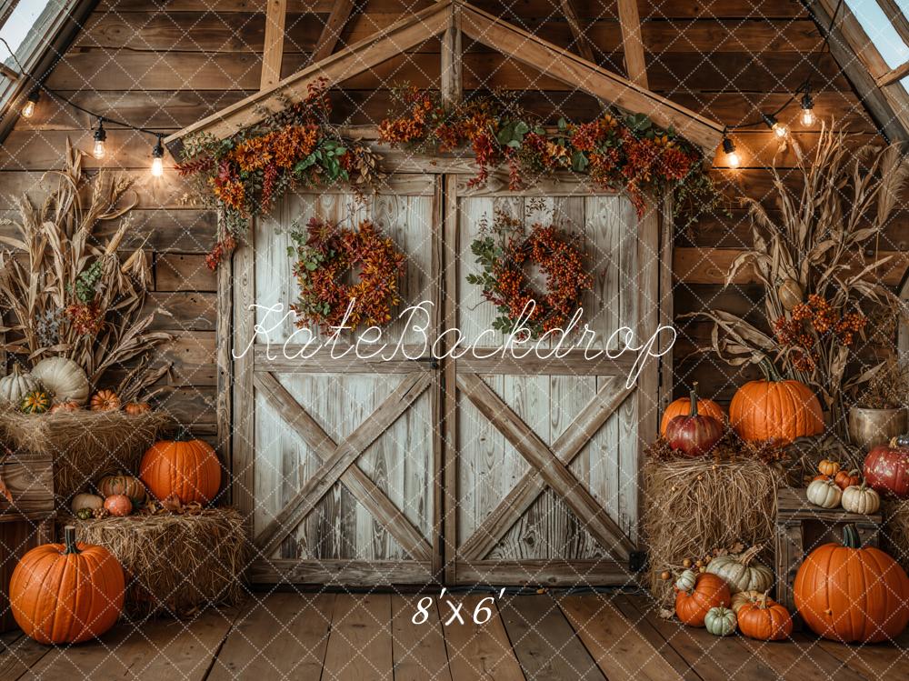 Kate Fall Rustic Barn Pumpkins Haystack Wood Backdrop Designed by Emetselch