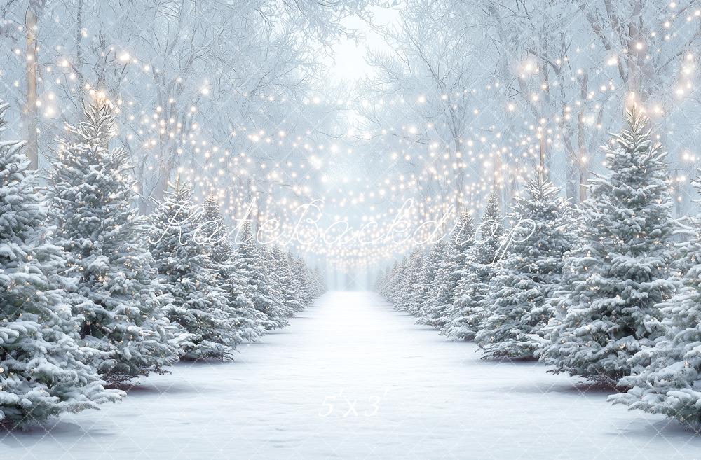 Kate Christmas Snowy Pine Trees String Lights Forest Printed Backdrop Designed by Angela Miller