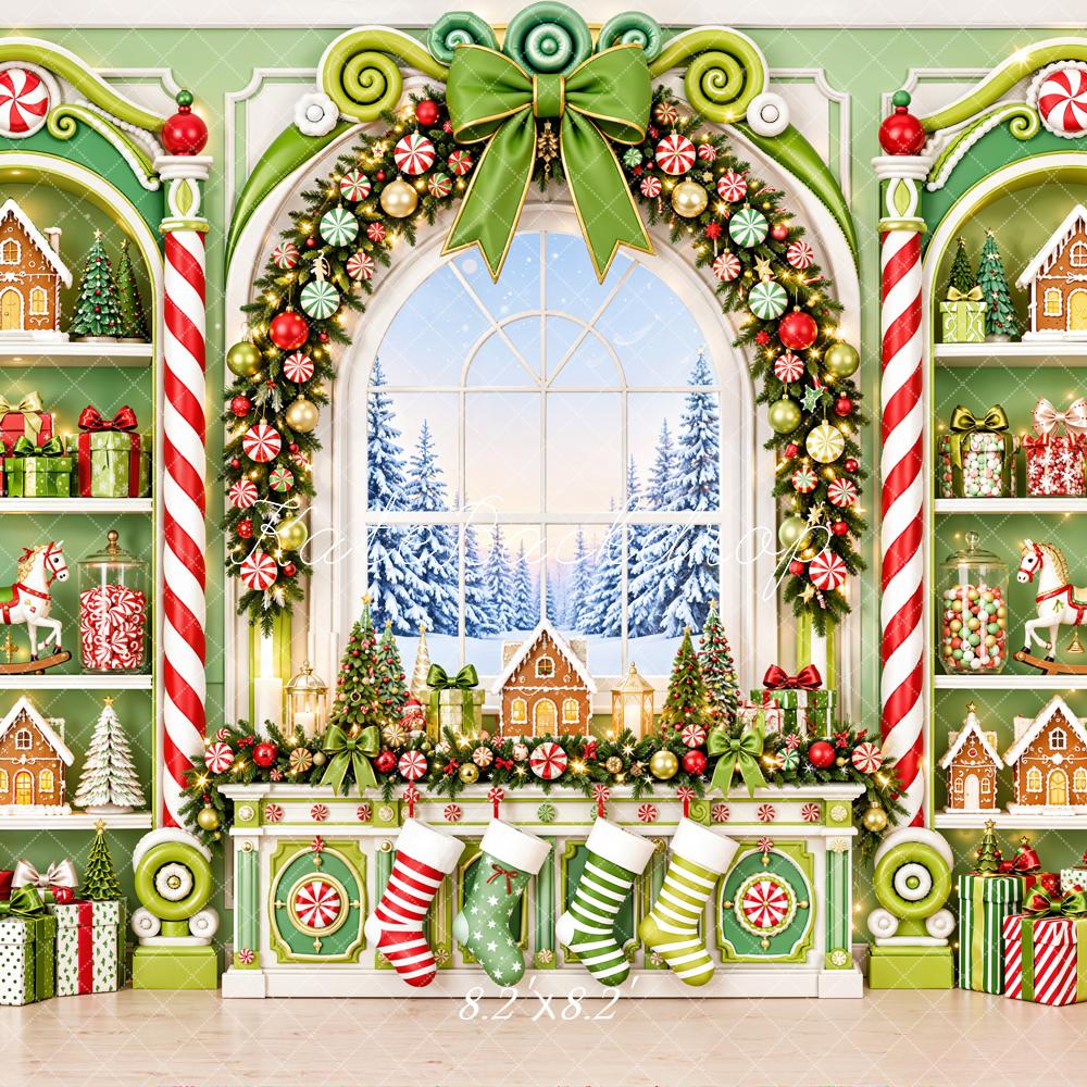 Kate Christmas Fantasy Toys Room Green Gingerbread Candy Cane Window Printed Backdrop Designed by Emetselch