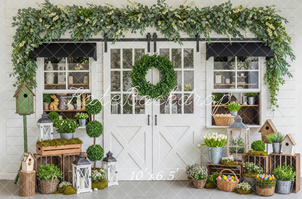 Kate Easter Greenery Wreath Door Birdhouse Crates Backdrop Designed by Patty Roberts